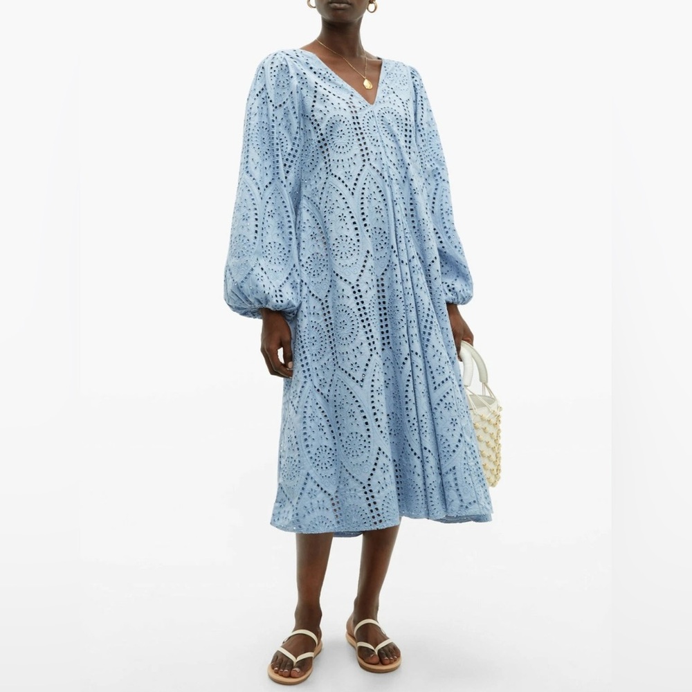 GANNI Broderie Anglaise Eyelet Lace Midi Dress, Light Blue, Size 38/6/Medium